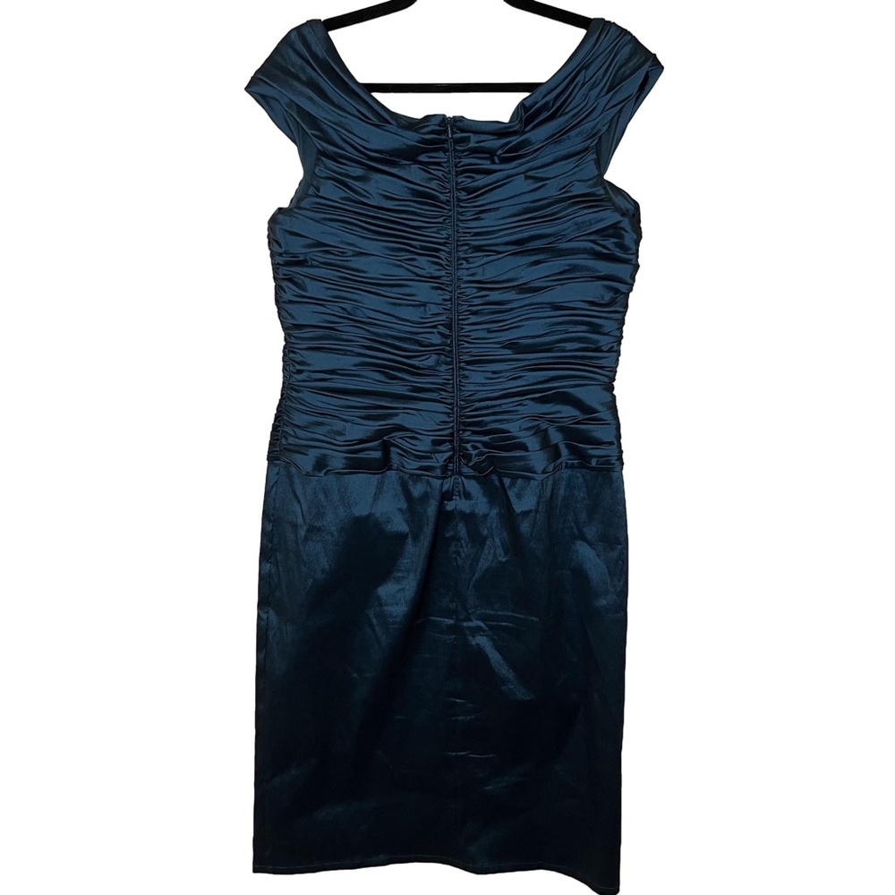 Tadashi Shoji Ruched Sheath Dress Teal Blue Sheen Asymmetrical Cap Sleeve 14 - Picture 6 of 17